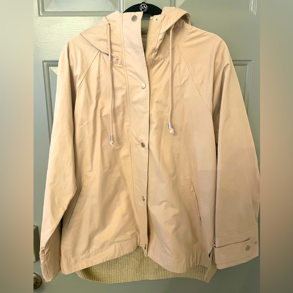 Anthropologie jacket Beige tan skies are blue knit anorak L hood NWT new